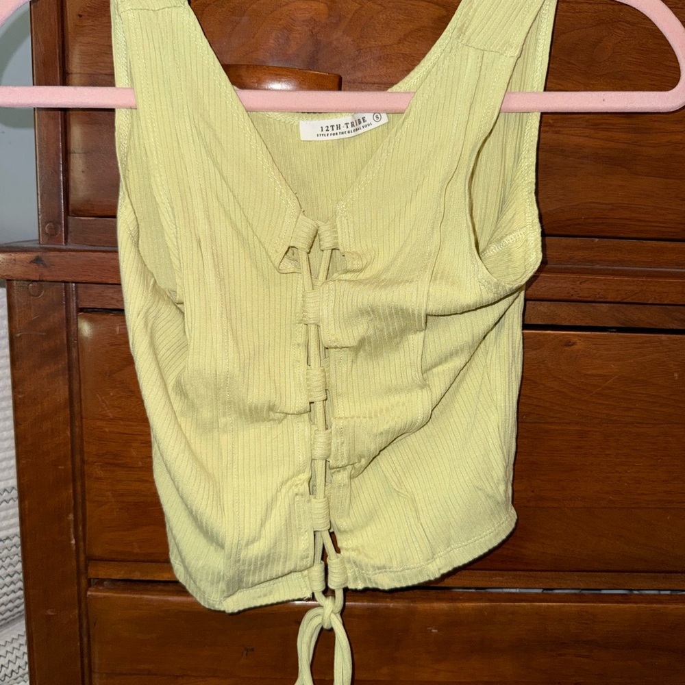 12th Tribe Pale Yellow Ribbed Tank Top with Front Tie
